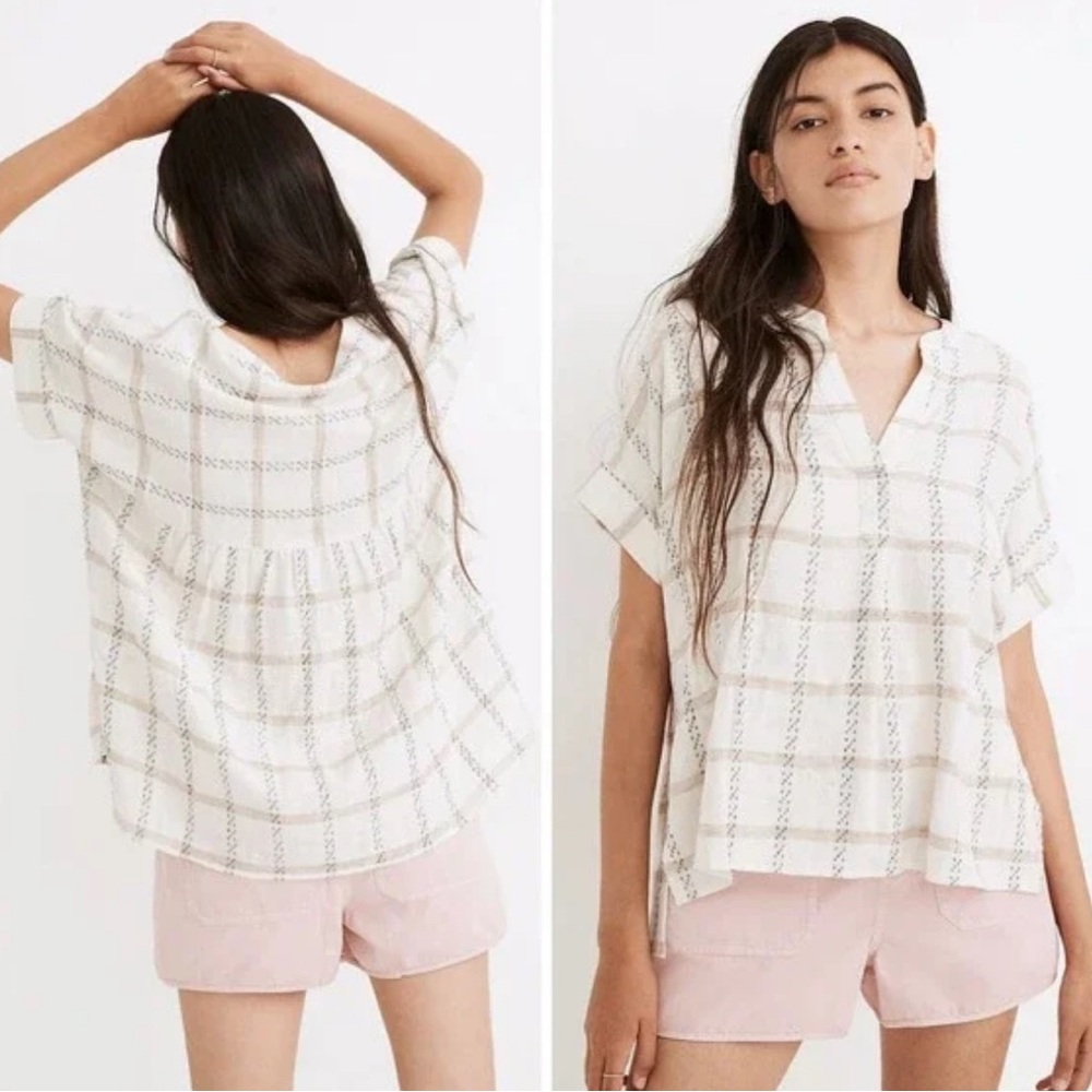 Madewell Lakeline Popover Shirt in Windowpane Jacquard Size S Antique Cream